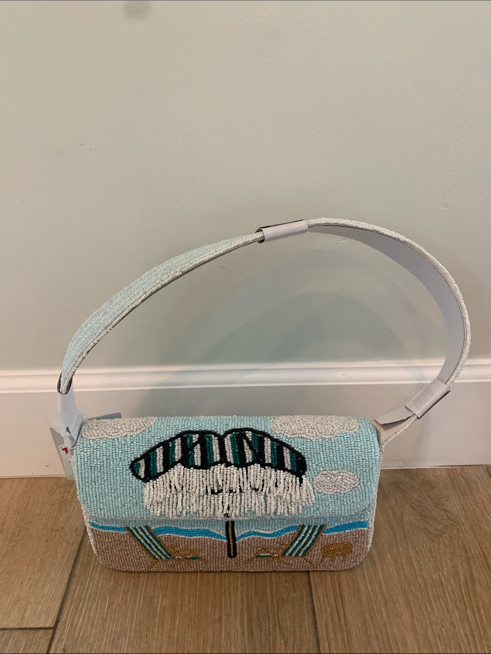 Hand-Beaded viral Beach Scene Shoulder Bag in Light Blue